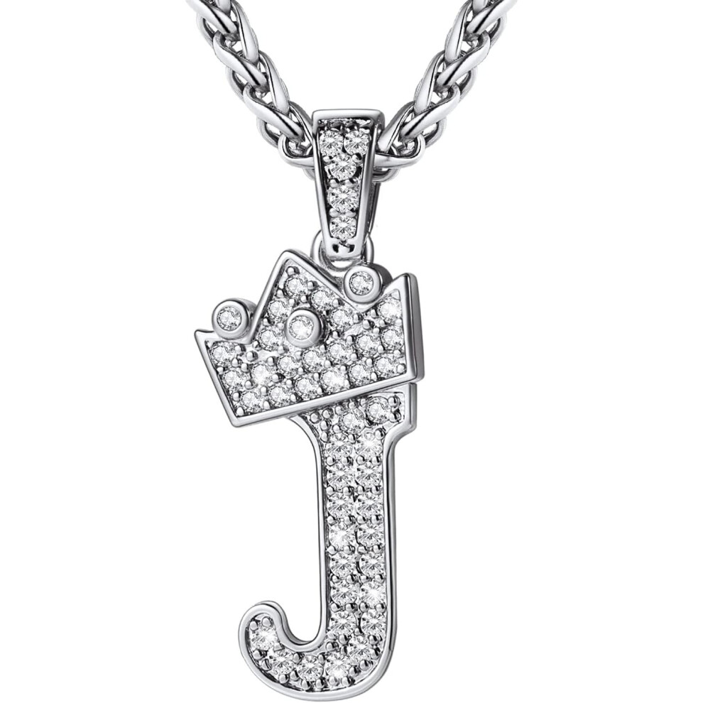 Tiger Electronics Inc. Tiger Electronics Tiger (J Silver) Crown Initial A-Z Necklace, Iced Out Letter Pendant With 22-24 Inch Chain, Men Women Bling Hip Hop Alphabet Name Jewelry Gift Big Initials