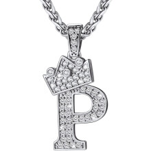 (P Silver) Crown Initial A-Z Necklace, Iced Out Letter Pendant with 22-24 Inch Chain, Men Women Bling Hip Hop Alphabet Name Jewelry Gift Big Initials Necklaces