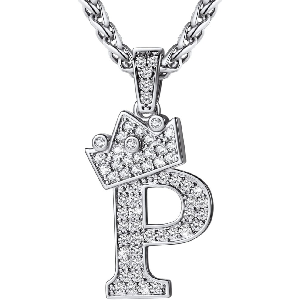 Tiger Electronics Inc. Tiger Electronics Tiger (P Silver) Crown Initial A-Z Necklace, Iced Out Letter Pendant With 22-24 Inch Chain, Men Women Bling Hip Hop Alphabet Name Jewelry Gift Big Initials