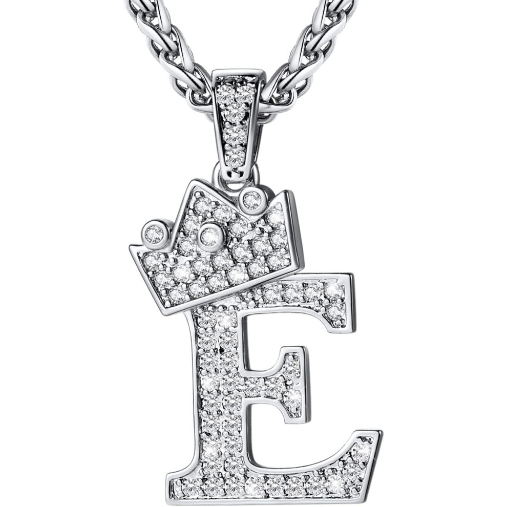 (E Silver) Crown Initial A-Z Necklace, Iced Out Letter Pendant with 22-24 Inch Chain, Men Women Bling Hip Hop Alphabet Name Jewelry Gift Big Initials