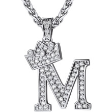 (M Silver) Crown Initial A-Z Necklace, Iced Out Letter Pendant with 22-24 Inch Chain, Men Women Bling Hip Hop Alphabet Name Jewelry Gift Big Initials Necklaces