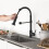 Matte Black Kitchen Sink Tap, 2 Function Kitchen Sink Mixer Taps with Pull Out Spray, Brass High-Arc 360 Swivel Single Handle Spring 2