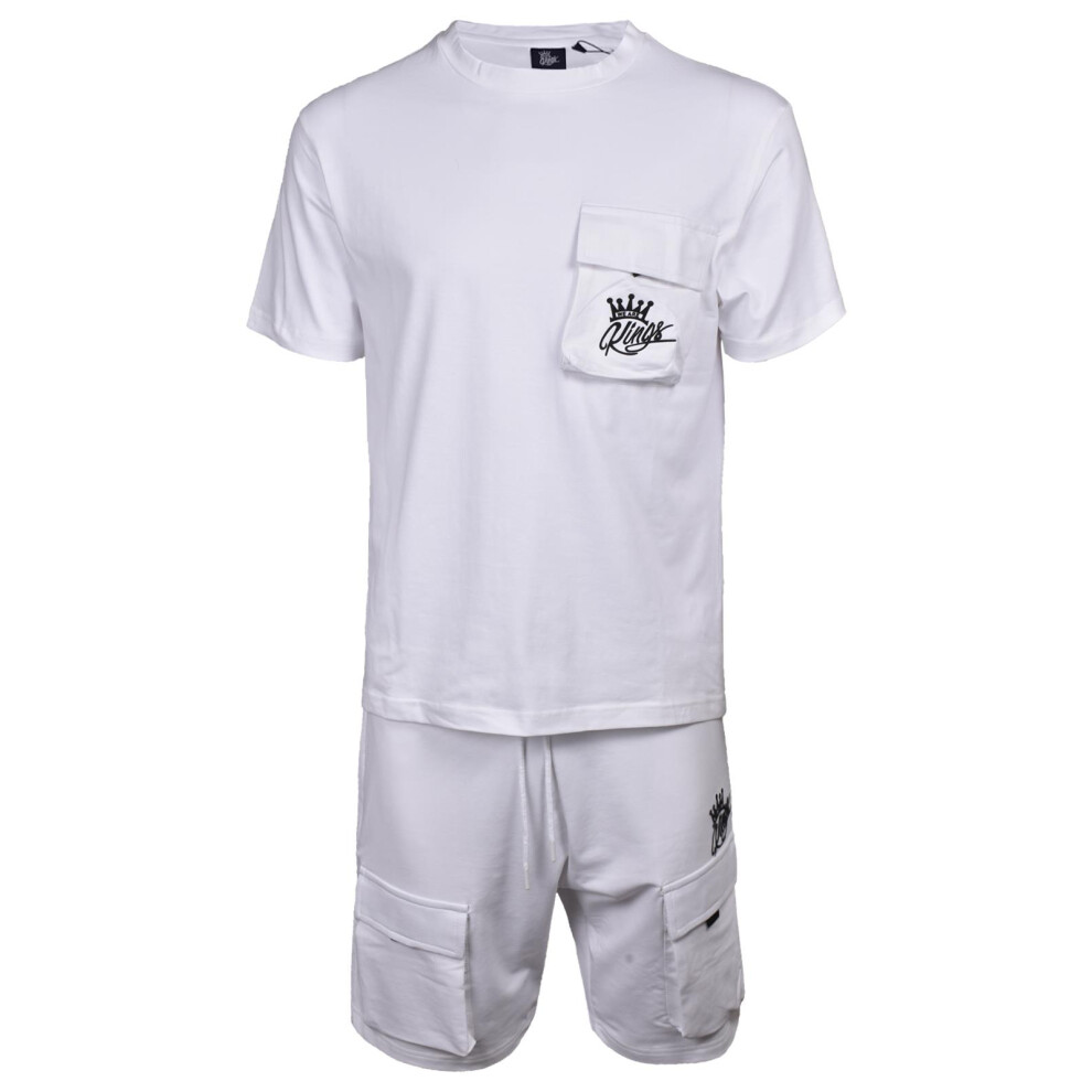 (White- Cameo, S) Mens T-shirt Short Set Premium Textured Tracksuit