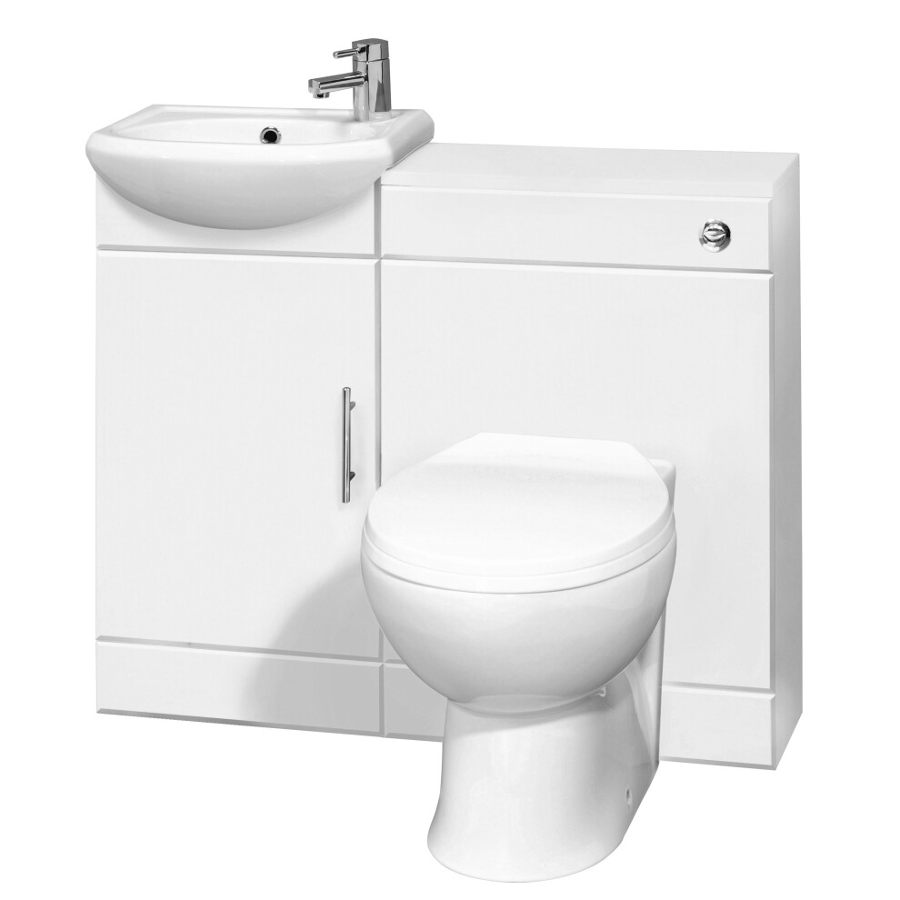 Cloakroom Furniture Pack - Includes Cabinet, Basin, WC Unit, Cistern, Back to Wall Toilet Pan and Soft Close Seat - Gloss White