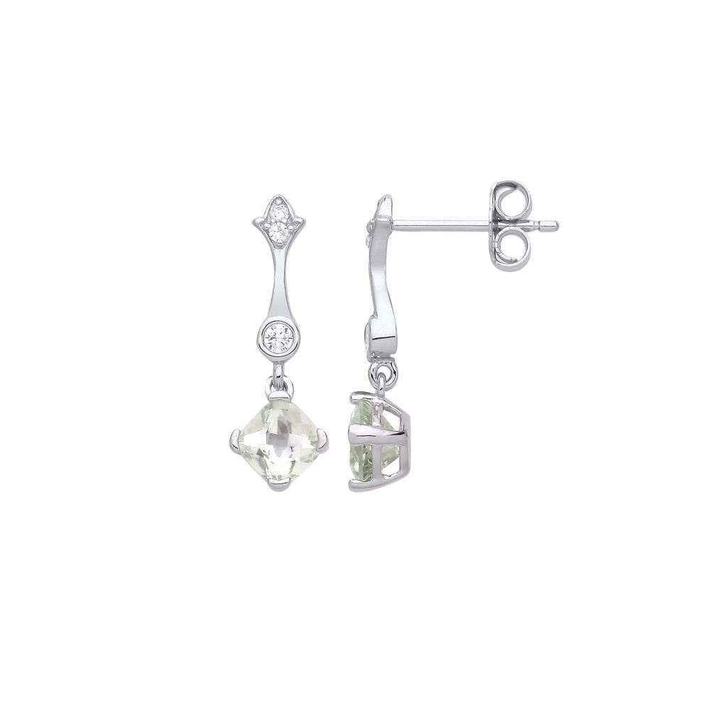 Jewelco London Ladies Rhodium Plated Sterling Silver Green Cushion CZ Fleur De Lys Teaspoon Chandelier Drop Earrings - EAG1242