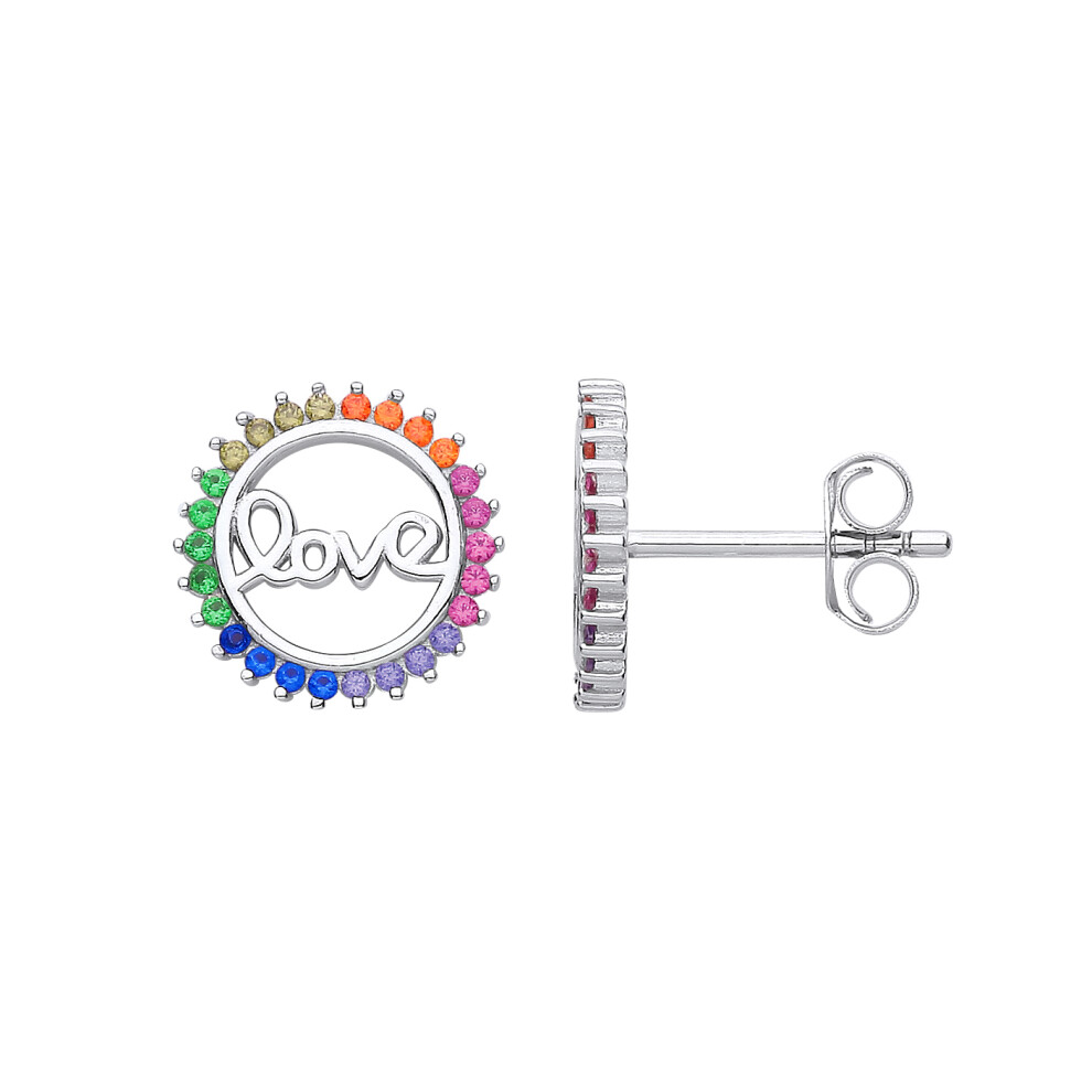 Jewelco London Ladies Rhodium Plated Sterling Silver Rainbow CZ Coral Rainbow Fizzy Love Circle Stud Earrings - EAG1162