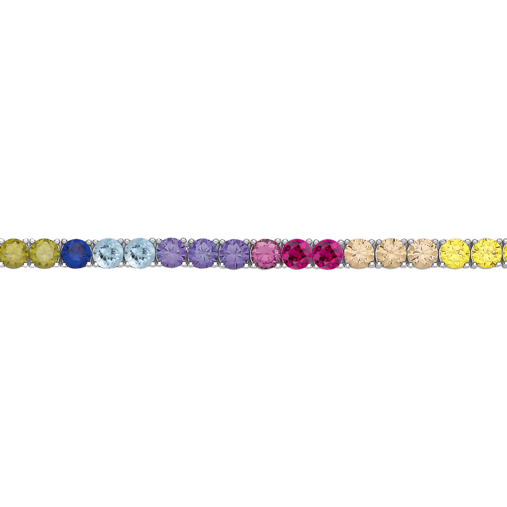 Jewelco London Ladies Rhodium Plated Sterling Silver Rainbow CZ Alternating Rainbow Tennis Bracelet 4mm 7.5 inch - GVB590