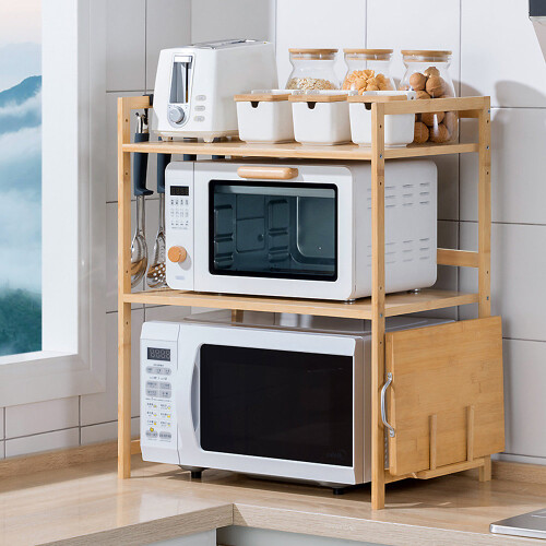 (Natural, 2-Tier) Wooden Spice Rack Organizer with Hooks