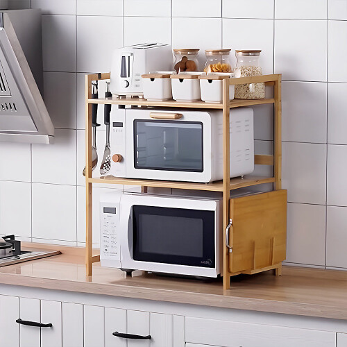 Living And Home (Natural, 2-Tier) Wooden Spice Rack Organizer with Hooks 2
