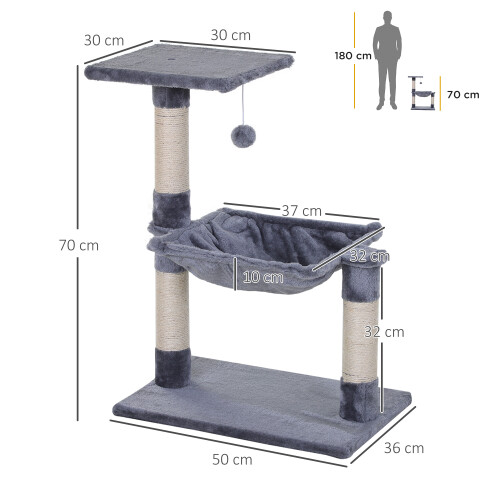 PawHut PawHut Cat Tree Scratch Post with Bed Hammock Sisal for Indoor Cats Grey 1