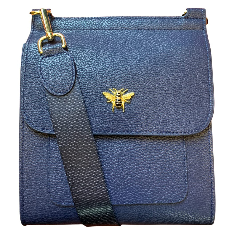 (Navy) Vegan Leather Bee Crossbody Bag