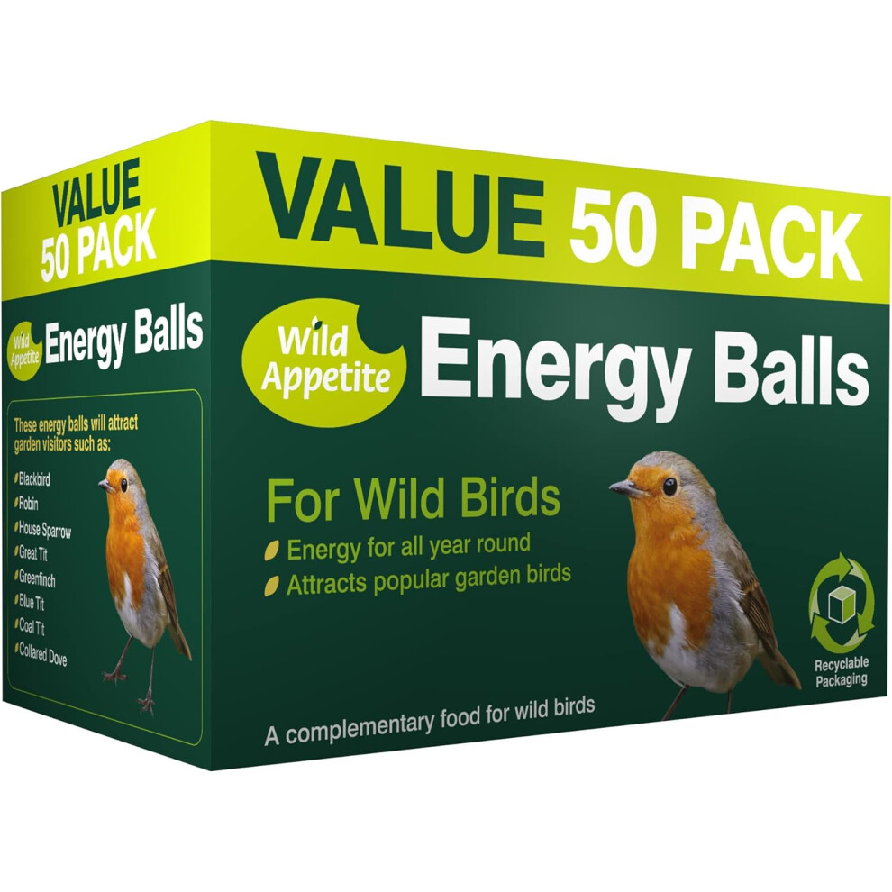 Wild Appetite Suet Energy Fat Balls Bird Food - Pack of 50, Green