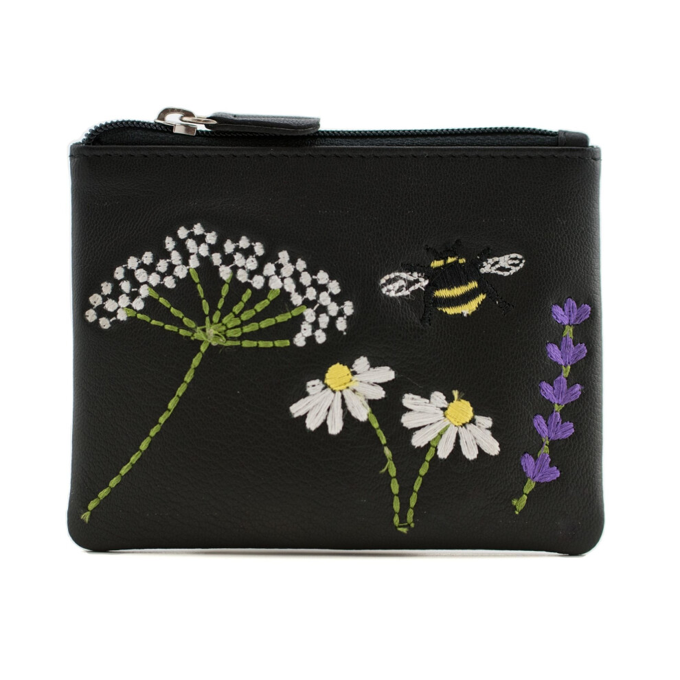 (Black) Embroidered Leather Bee Purse