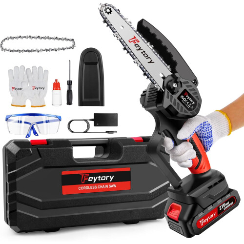 (6 inch , Pure Copper Motor) Mini Chainsaw Cordless 4/6/8 Inch with Large LI-ion Battery, Powerful Electric Chainsaw