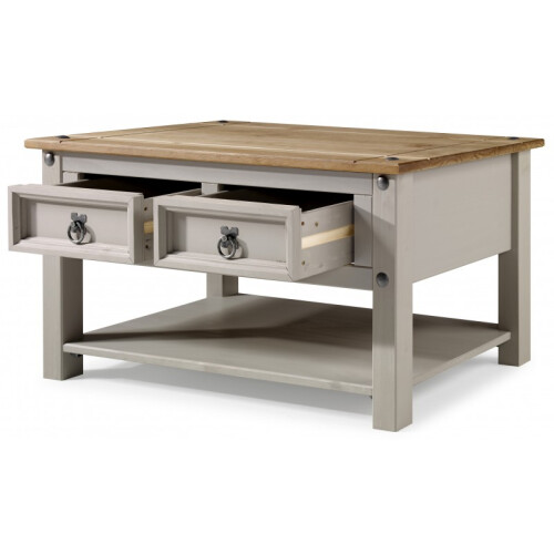 Mercers Furniture Corona Grey Wax 2-Drawer Coffee Table: Solid Pine, Hand-Waxed Grey Finish with Metal Handles 2