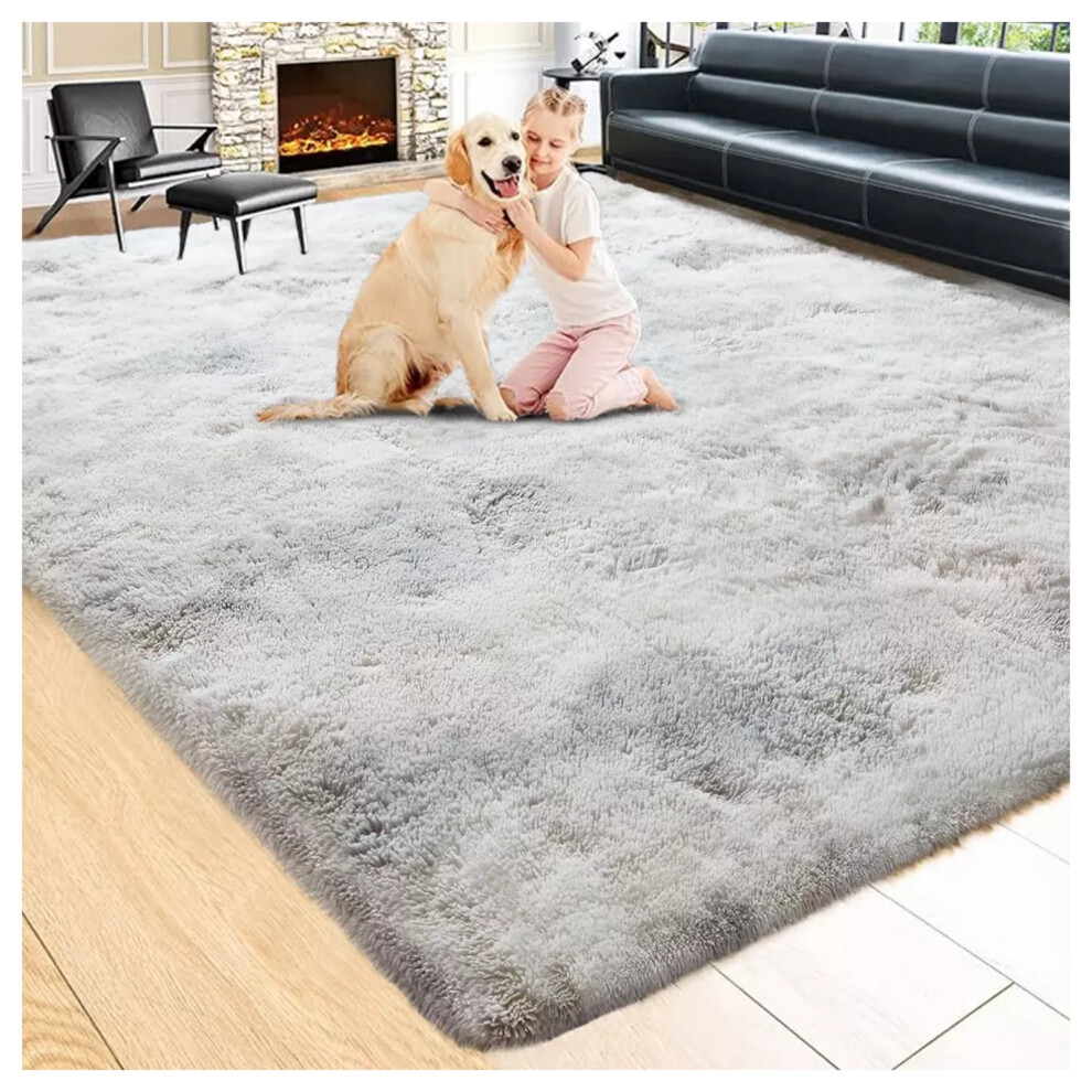 (LIGHT GREY- TYE DYE, 120X170 CM) Extra Large Rugs Fluffy Shaggy Living Room Rug