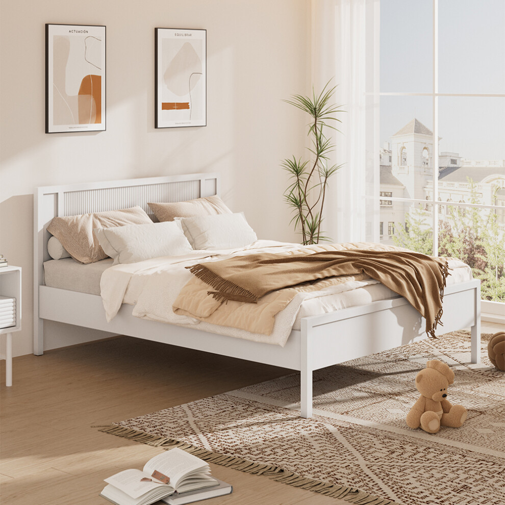 White Striped Dual Row Wooden Bed Frame