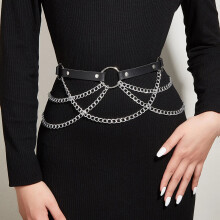 (Belly Chains) Women Sexy Body Chain Jewelry Pu Leather Waist Belt With Chains Festival Chain