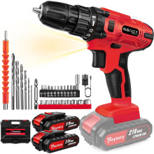 (Red, With Two Batteries) ordless Power Drill Set with Lithium-Ion Battery Electric Screwdriver Kit 2 Speed Combi Drill, 25+1 Torque 3/8" Keyless Chuck