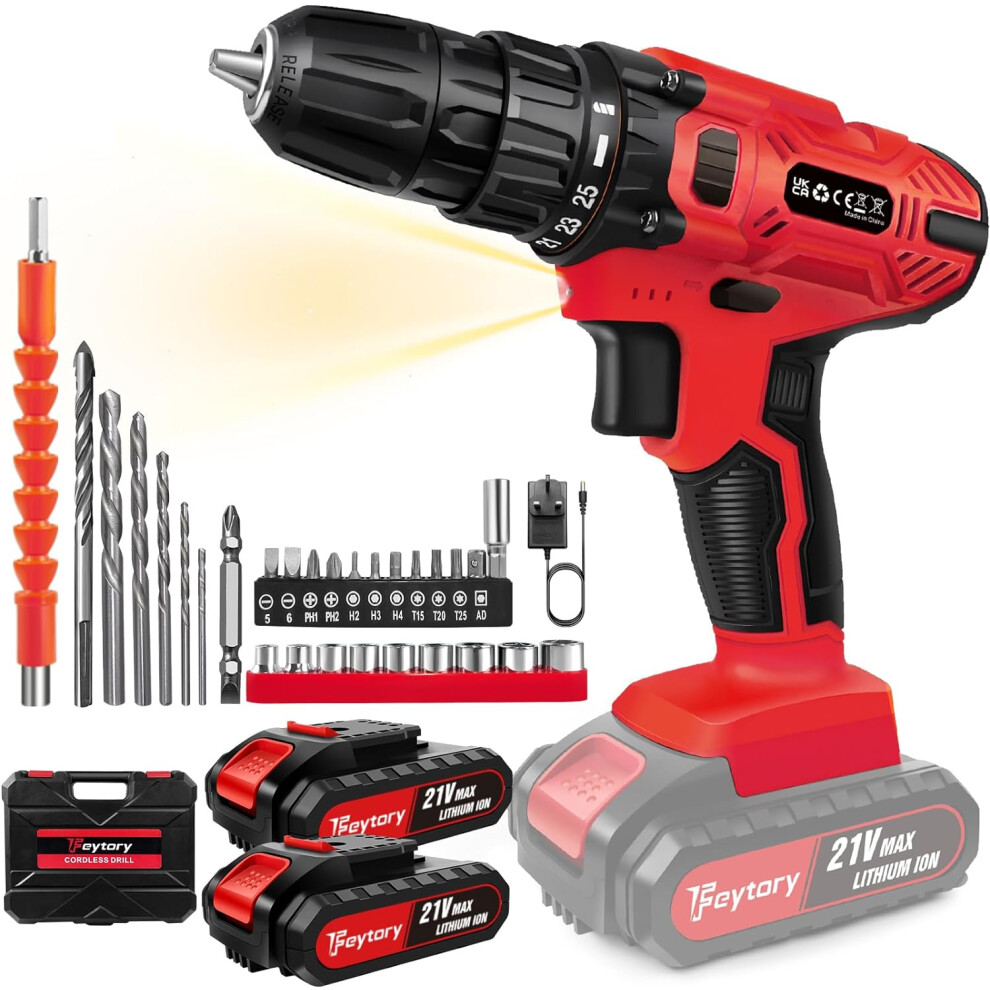 (Red, With Two Batteries) ordless Power Drill Set with Lithium-Ion Battery Electric Screwdriver Kit 2 Speed Combi Drill, 25+1 Torque 3/8" Keyless Chuck