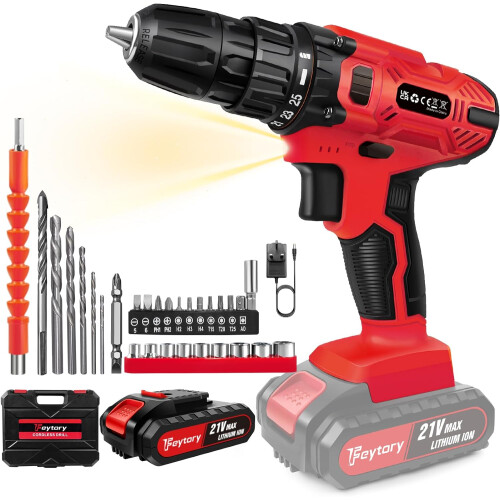 (Red, With One Battery) ordless Power Drill Set with Lithium-Ion Battery Electric Screwdriver Kit 2 Speed Combi Drill, 25+1 Torque 3/8