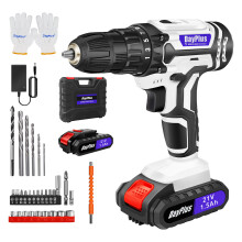 (White, With Two Batteries) ordless Power Drill Set with Lithium-Ion Battery Electric Screwdriver Kit 2 Speed Combi Drill, 25+1 Torque 3/8" Keyless Chuck
