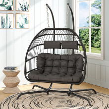 Double Swing Egg Chair with Stand Large 2 Person Outdoor Wicker Twins Basket Hanging Chair for Garden Balcony 440LBS Capacity