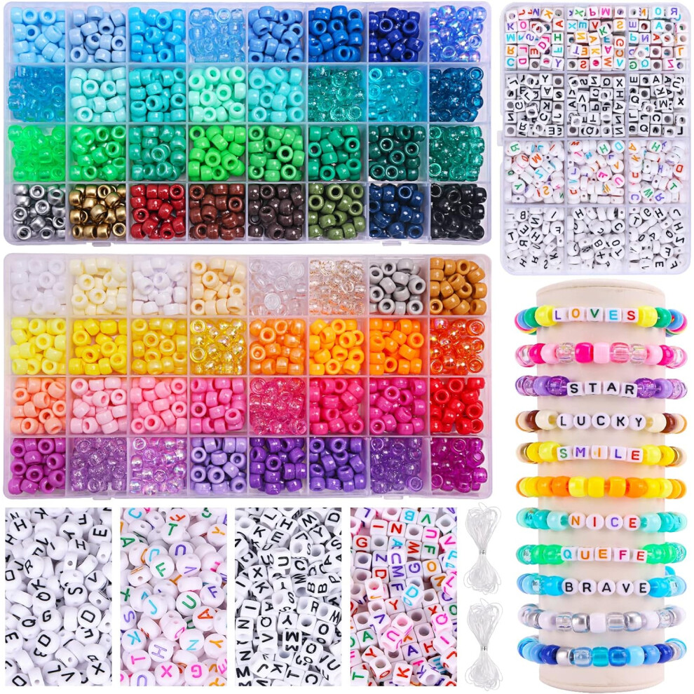 2350pcs, 64 Colors, Pony Beads for Bracelet and Necklace Making, Rainbow Craft Beads and Elastic Strings Kit, Letter Beads Set for Girls