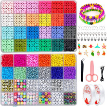 7655 PCS Clay Beads Bracelet Making Kit - 4800 PCS 6mm Flat Beads Polymer Clay Beads, 2000 PCS 4mm Glass Seed Beads Pony Beads, 720 PCS Letter Beads f