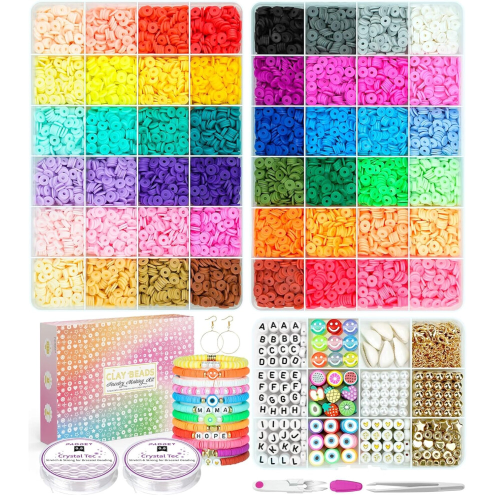 12000 Pcs Clay Beads for Bracelet Making, 48 Colors 3 Boxes, Jewelry Making Kit Polymer Spacer Preppy Heishi Beads and Elastic Strings, Crafts Gift fo