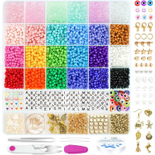 4200 Pcs 4mm Glass Seed Beads for Jewelry Making,24 Colors Seed Beads Friendship Preppy Bracelet Making Kit with Letter Beads Charms Kit and Elastic S