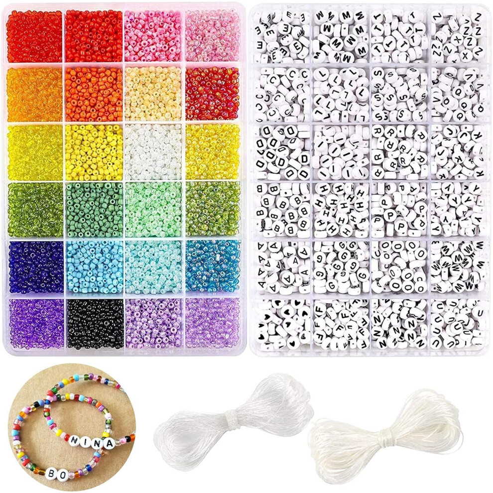 12000pcs 3mm Glass Seed Beads for Bracelets Making Kit with Letter Alphabet Beads, Friendship Bracelet Kits 8/0 Craft Bead for Jewelry Making Necklace