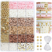 Clay Bead Bracelet Kit, 2370Pcs Flat Polymer Clay Heishi Beads Bracelet Making Kit for Girls Adults, DIY Friendship Bracelet Kit with Gold Beads Lette