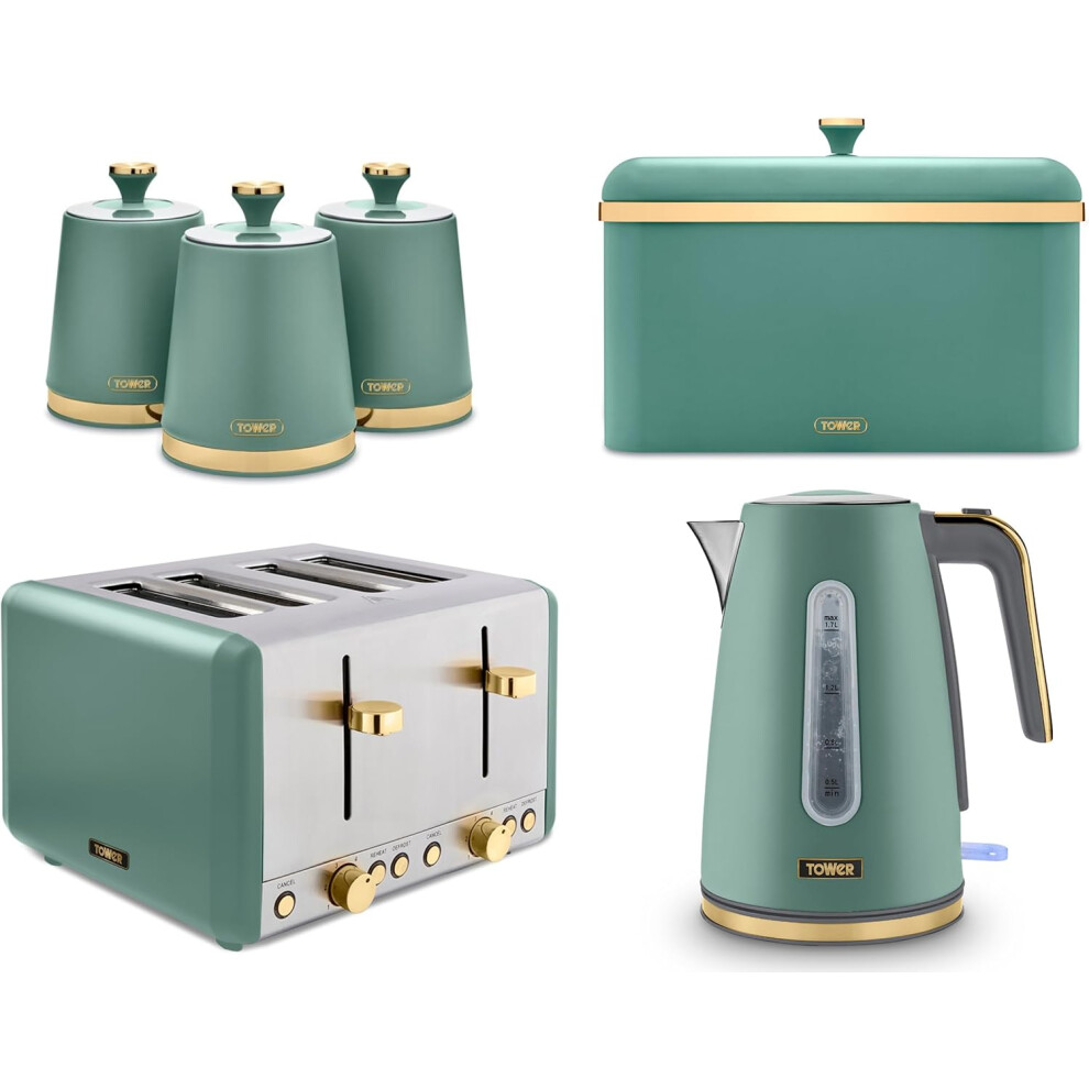 Tower Cavaletto Jade Kettle Toaster Bread Bin & Canisters Set of 6