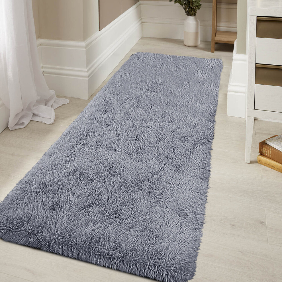 (60cm x 220cm (2ft x 7ft 3")- Shaggy Runner Rug, Grey Shaggy) Non Slip Rugs Fluffy Shaggy Runner Rug Carpets Mat