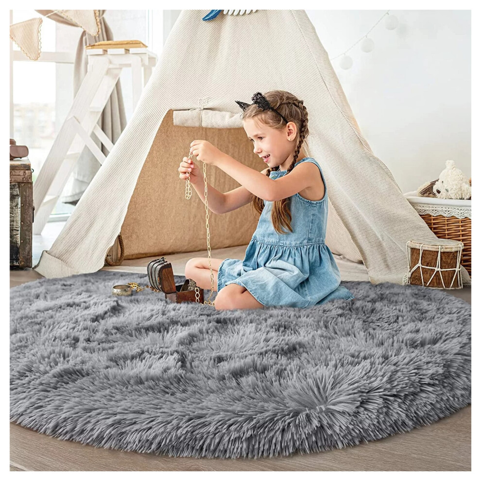 (120cm x 120cm (4ft x 4ft)- Circle Round Shaggy Rug, Grey Shaggy) Non Slip Rugs Fluffy Shaggy Runner Rug Carpets Mat