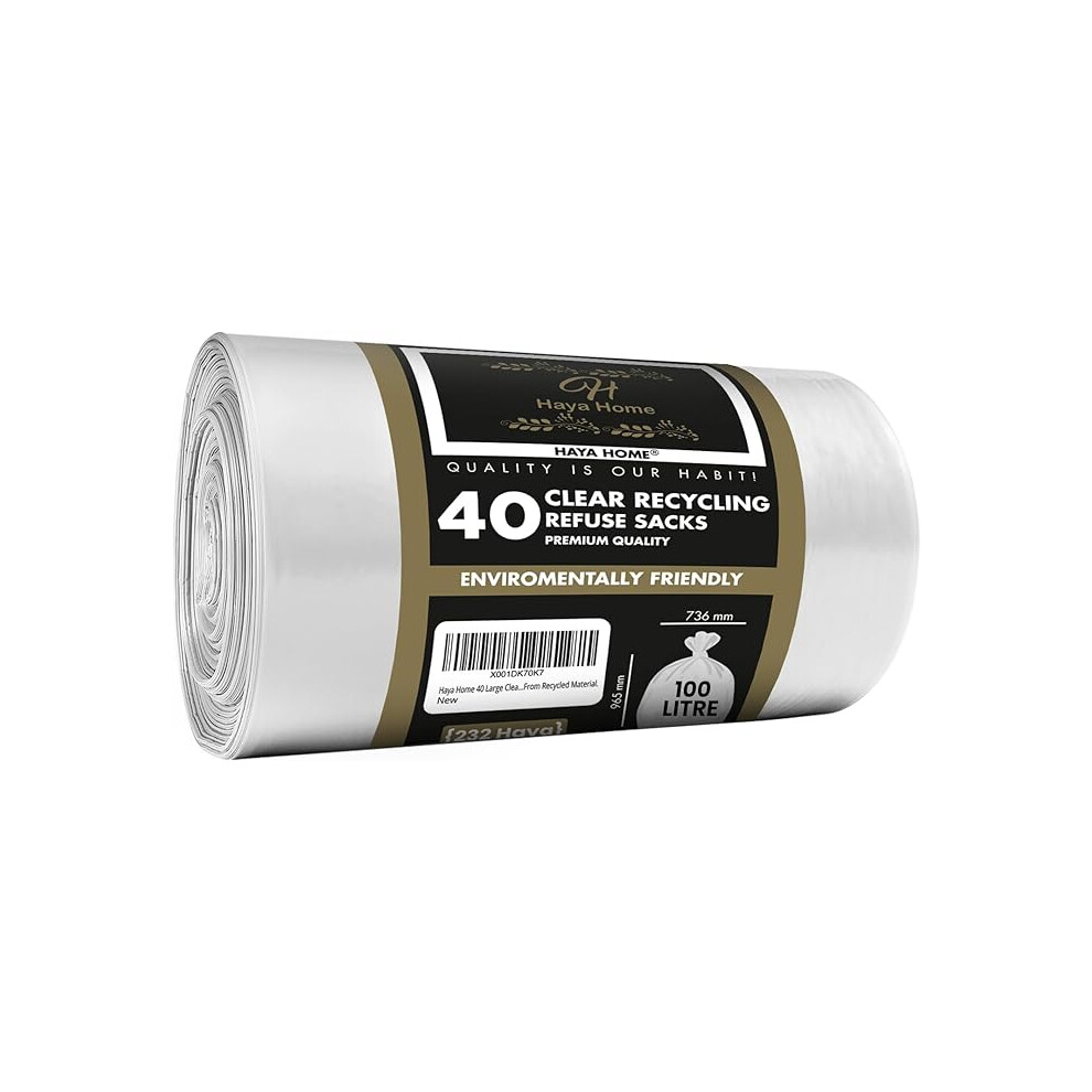 H Haya Home Haya Home 100L 40 Large Clear Transparent Recycling Bin Bags, Rubbish Bags & Refuse Sacks 120 Gauge Bin Liners Heavy Duty Bin Bags Large Waste Bags