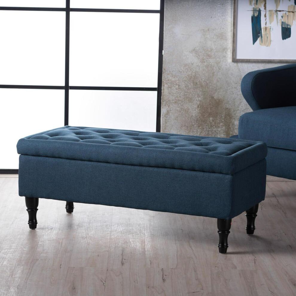 Navy Blue Ottoman Upholstered Buttoned Padded Storage Bench