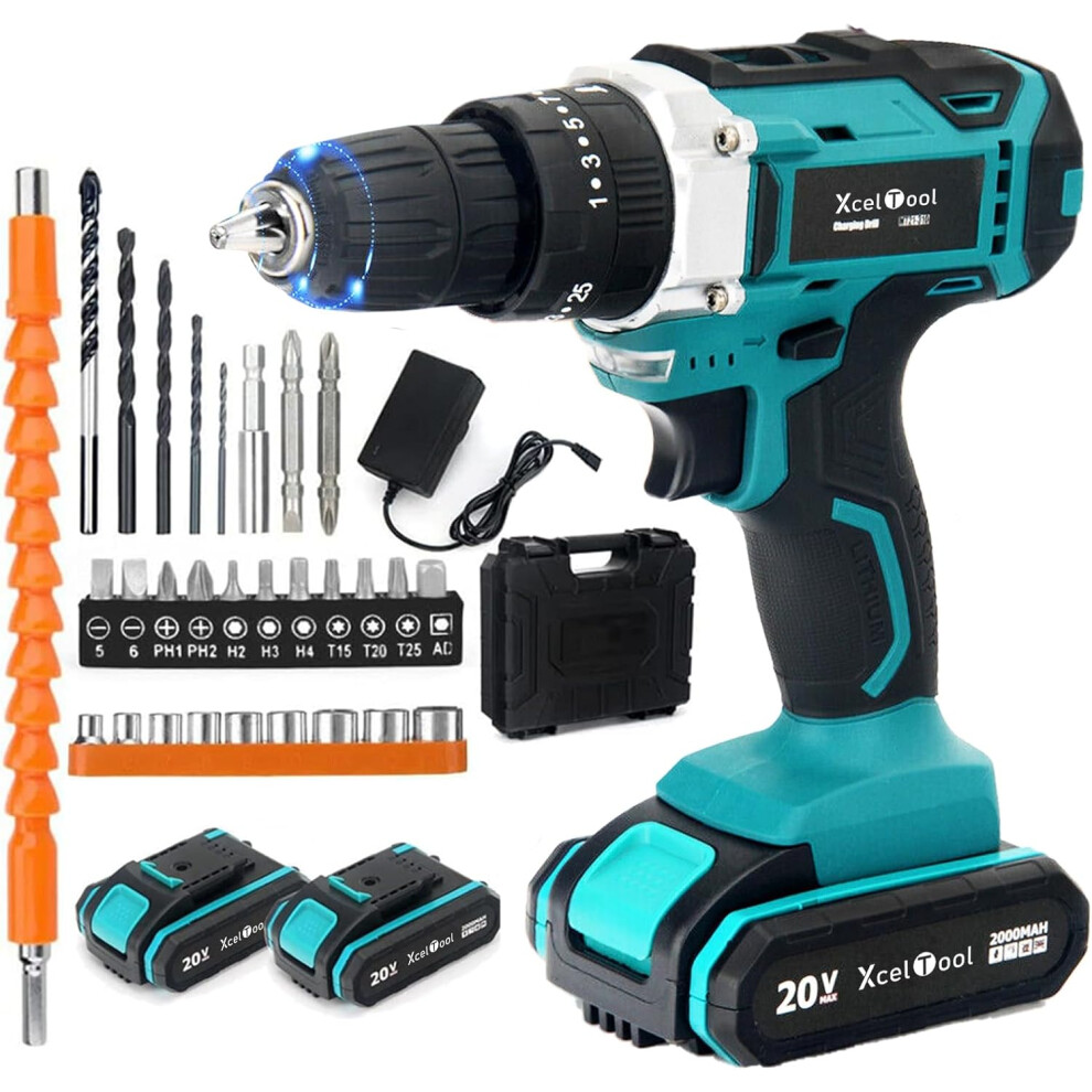 Cordless Drill Kit, 20 V Impact Driver 29 pcs, Drill Driver with 2 * 2000mAh Li-Ion Batteries, Screwdriver Set 25+3 Clutches