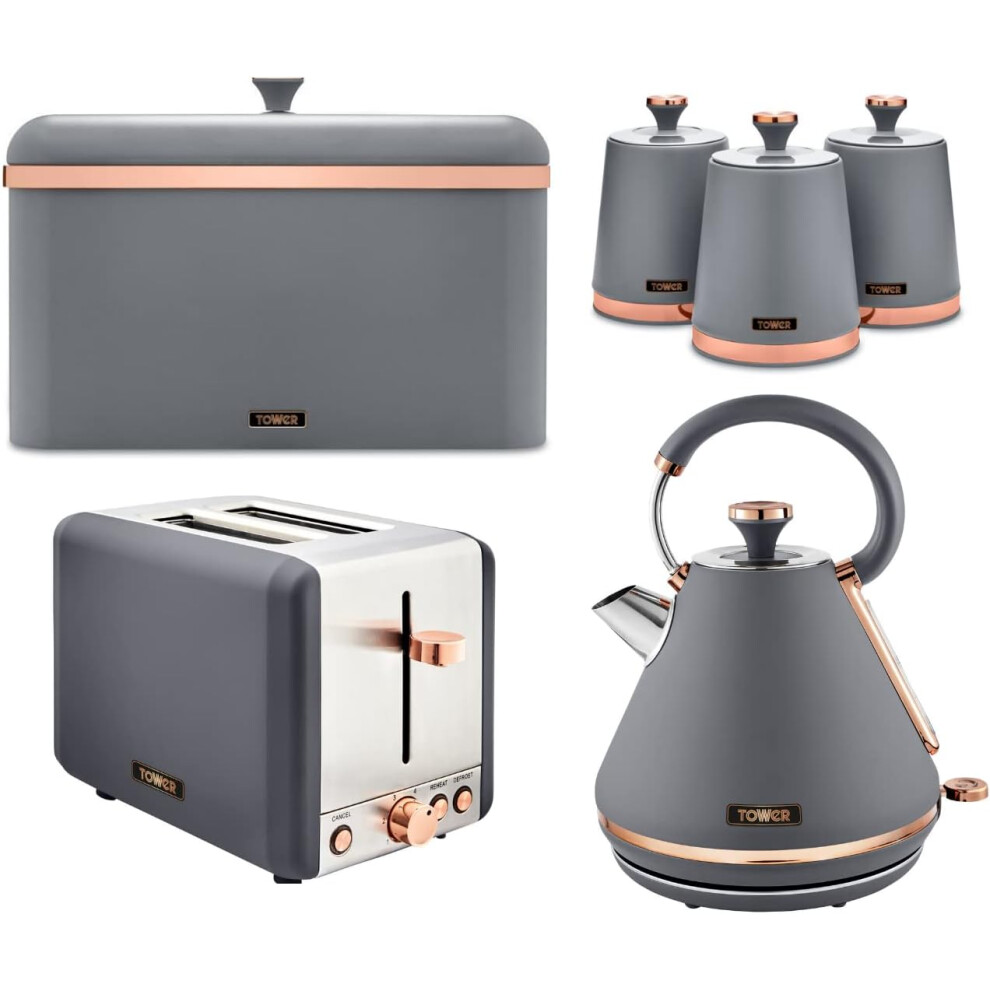 Tower Cavaletto Kettle Toaster Bread Bin & Canisters Grey & Rose Gold