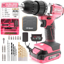 (Pink) 58 Pieces Pink 18V Cordless Drill and Bit Set and Box. Complete cordless drill and drill bit set for home and garage DIY