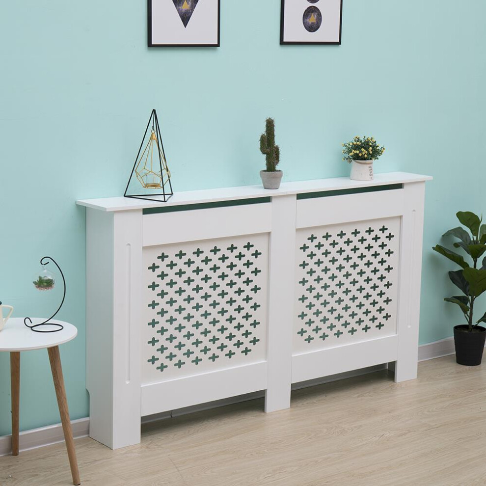 (White, Large) Radiator Cover MDF Wooden Slatted Grill Decorative