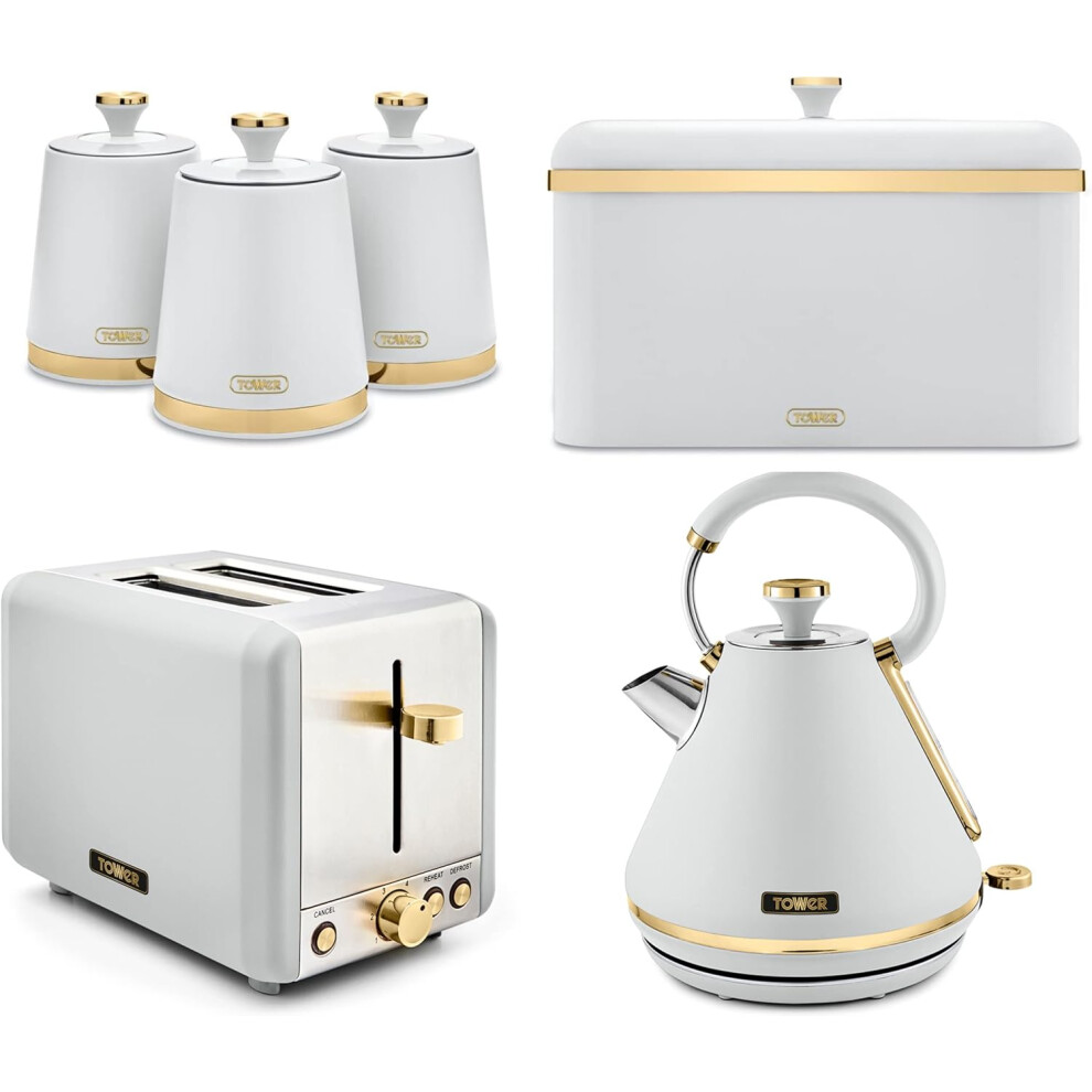 Tower Cavaletto Kettle Toaster Bread Bin & Canisters Set White & Gold