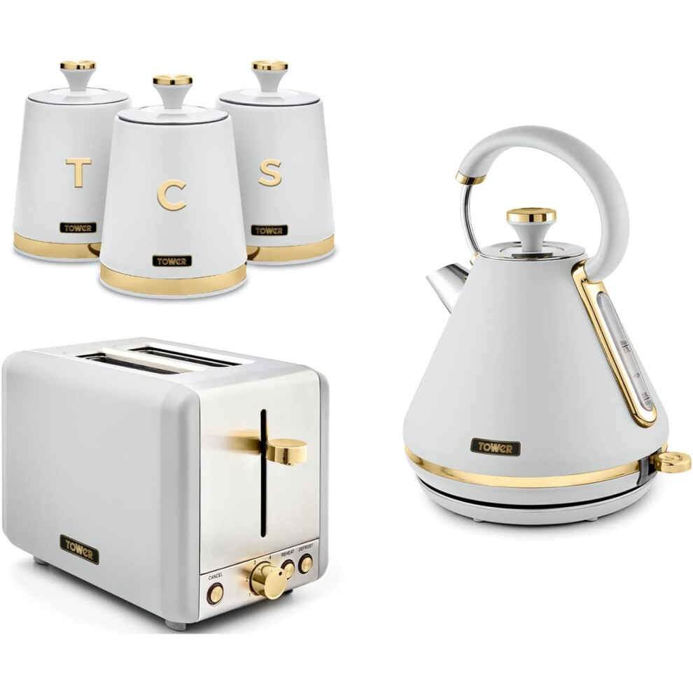 Tower Cavaletto White & Gold Kettle 2 Slice Toaster 3 Canisters