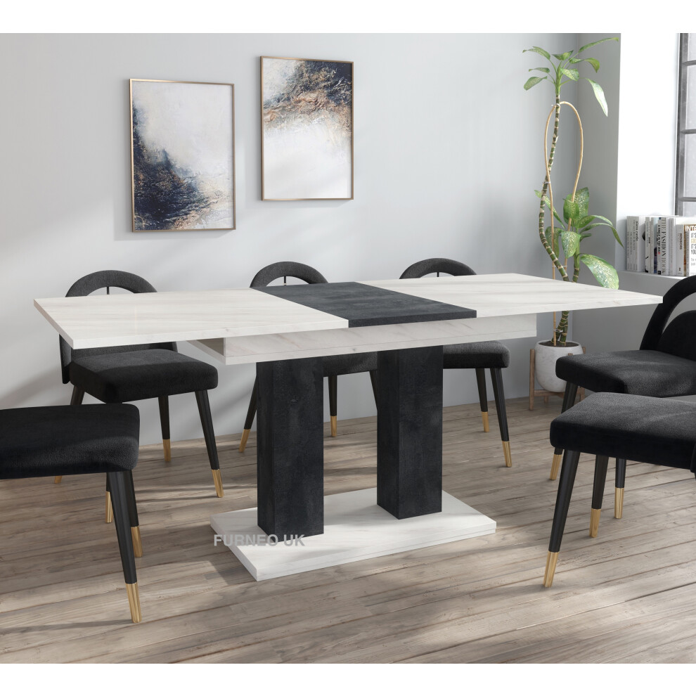 Furneo Modern Dining Table Extendable 140-180cm White Marble & Black Concrete Effect Theo 05