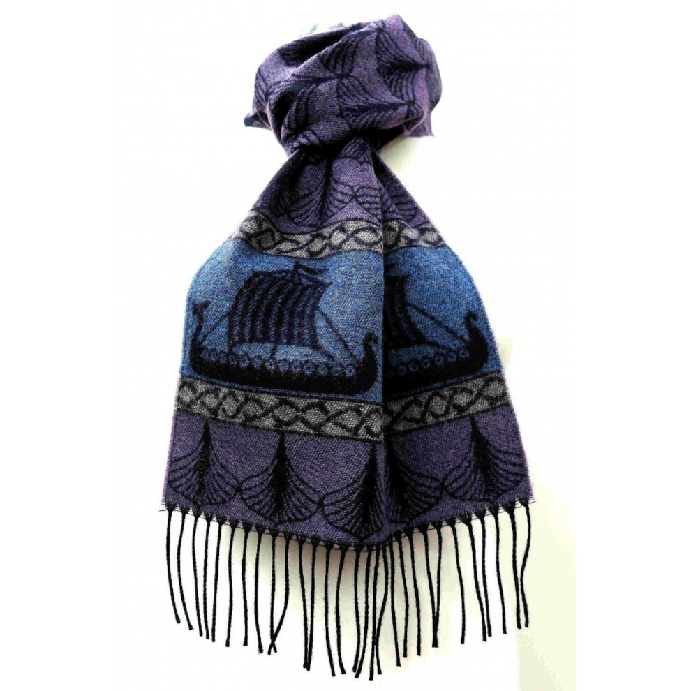 Calzeat of Scotland Blue & Purple Viking Ships Dragon Jacquard Wool Scarf