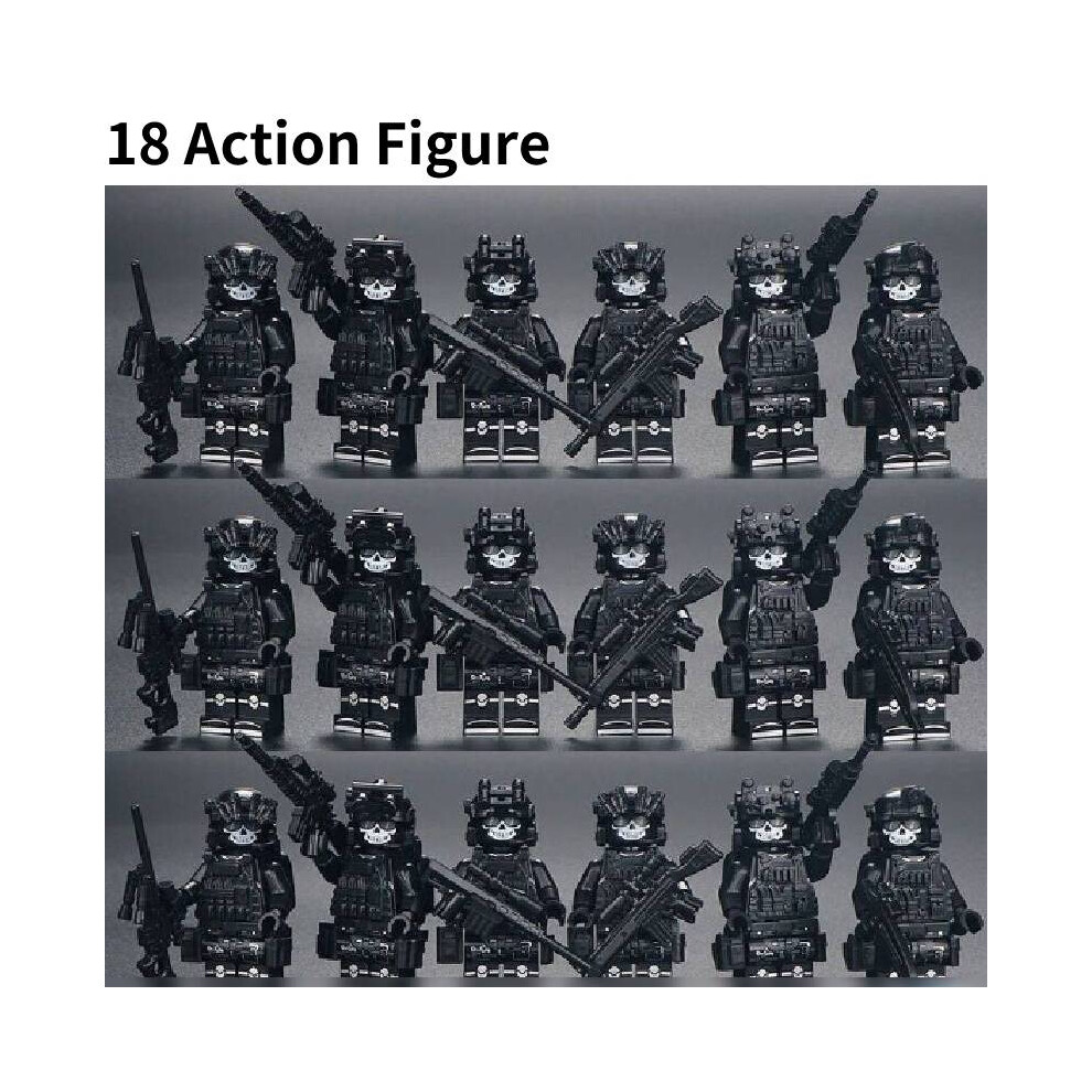 ( Action Figure) Building 18Pcs Blocks Military Figures Police Special Forces Dolls Puzzle Toy Black