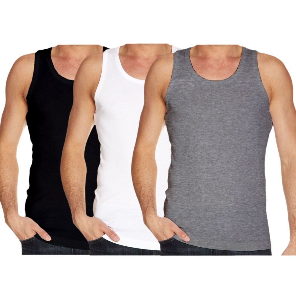 (Grey Marl/White/Black, L) Men Vest Cotton Sport Fitness Plain Tank Top 3Pack