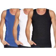 (White/Charcoal/Royal, M) Men Vest Cotton Sport Fitness Plain Tank Top 3Pack