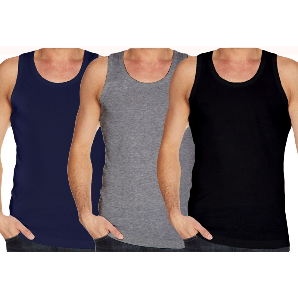 (Black/Grey Marl/Navy, M) Men Vest Cotton Sport Fitness Plain Tank Top 3Pack
